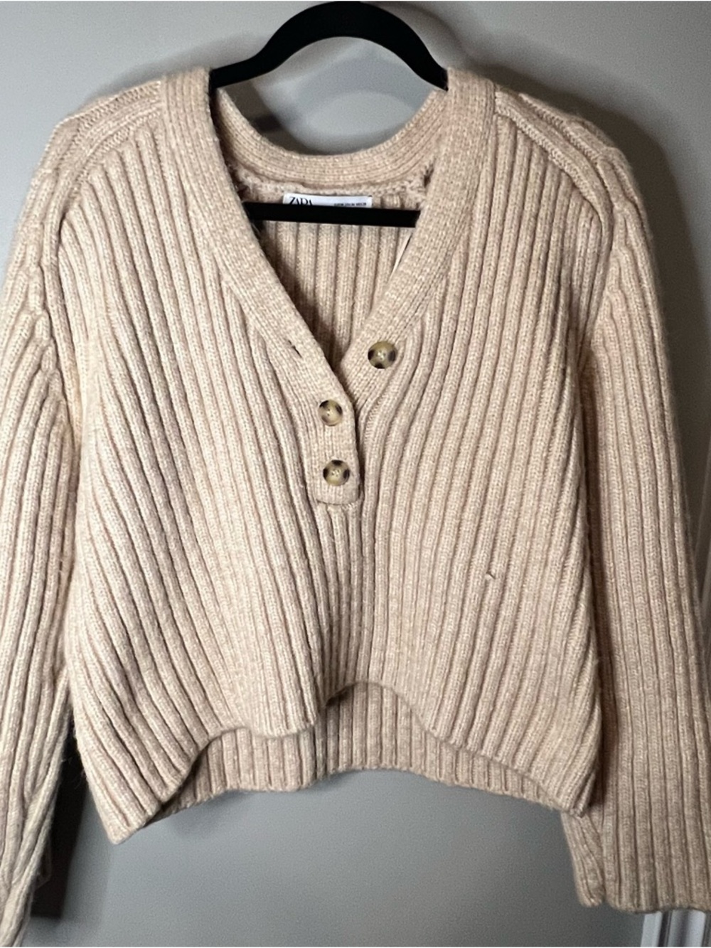 Zara Beige Ribbed V-Neck Button Sweater
